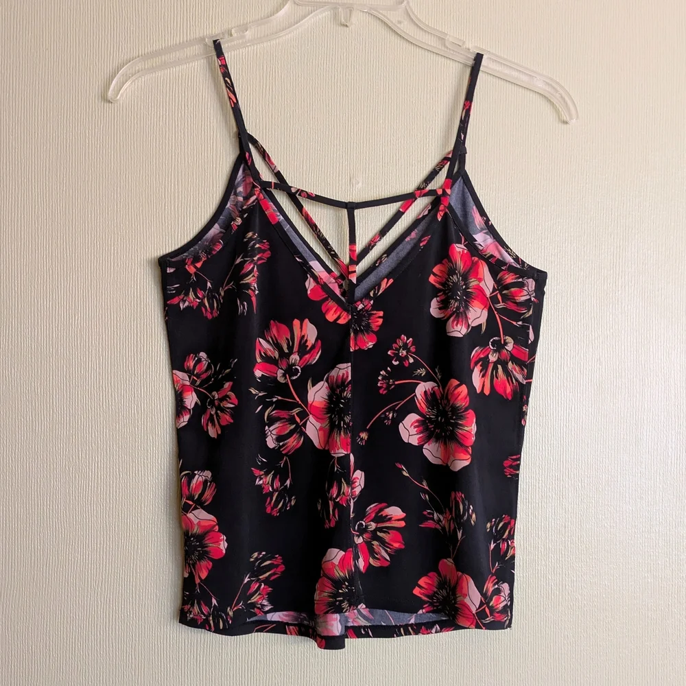 Free People Black Pink Floral Print Strappy Top Camisole V-neck Coquette